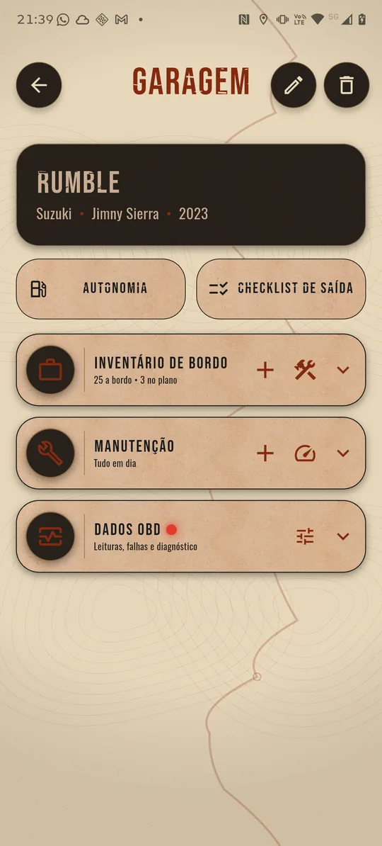 Ficha do veículo com botões Autonomia e Checklist de saída, e as seções Inventário de bordo, Manutenção e Dados OBD.