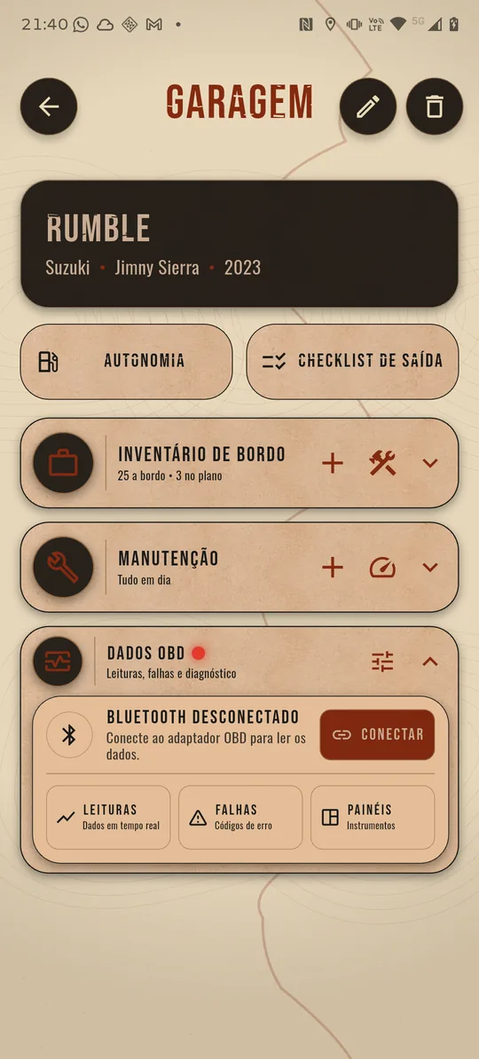 Seção Dados OBD aberta na ficha do veículo, mostrando Bluetooth desconectado com o botão Conectar e três atalhos: Leituras, Falhas e Painéis.