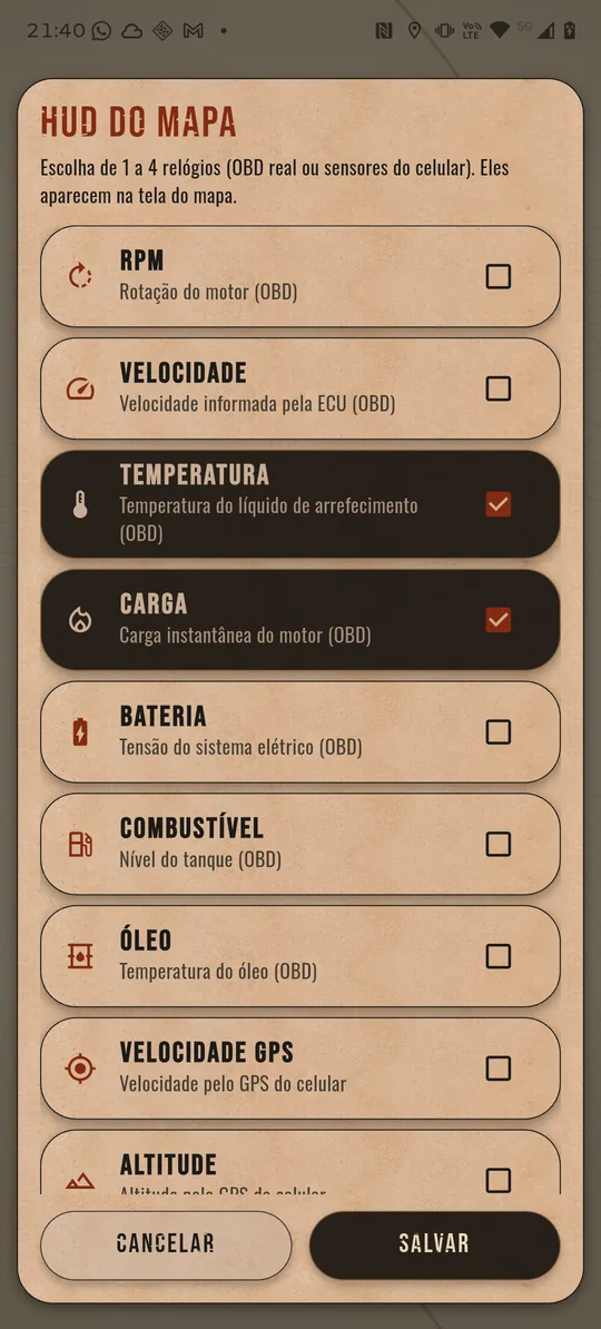 Diálogo HUD do mapa, com a lista de relógios disponíveis e caixas de seleção: RPM, velocidade, temperatura, carga, bateria, combustível, óleo, velocidade GPS e altitude.