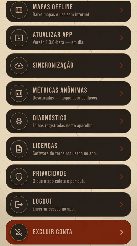 Parte inferior da tela Perfil, com Mapas offline, Atualizar app mostrando a versão instalada, Sincronização, Métricas anônimas, Diagnóstico, Licenças, Privacidade, Logout e Excluir conta.