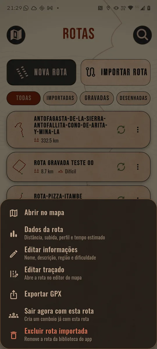 Folha de ações de uma rota: Abrir no mapa, Dados da rota, Editar informações, Editar traçado, Exportar GPX, Sair agora com esta rota e Excluir rota.